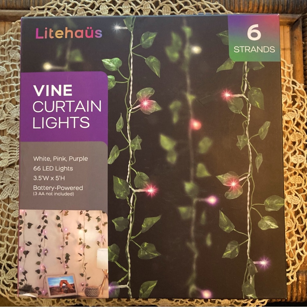 Vine Curtain Lights 66 White, Pink & Purple, 6 Strands of LED Lights.
